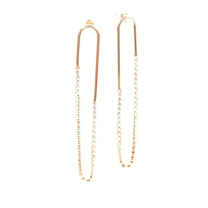 Paire de boucles d'oreilles pendantes dorées en forme d'arche allongée avec chaîne de pierres brillantes