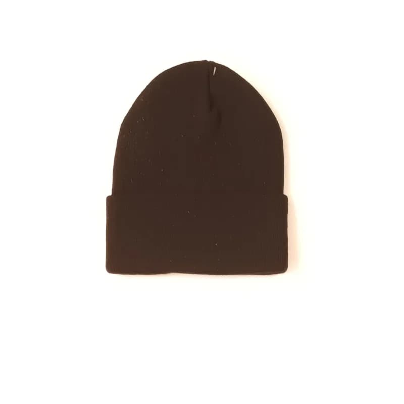 Bonnet noir en maille à large revers, vu de face sur fond blanc.