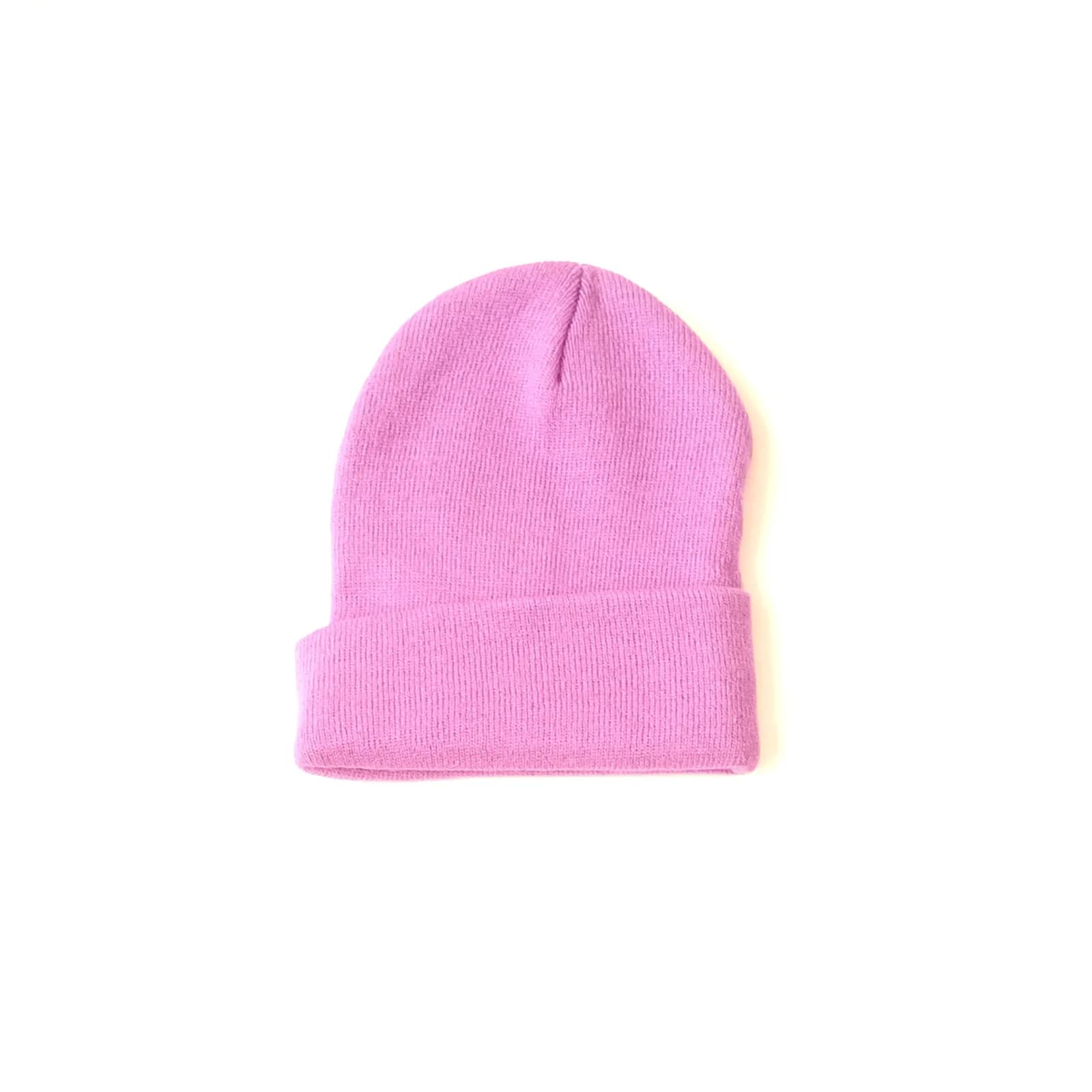 Bonnet mauve lilas en maille à large revers, vu de face sur fond blanc.