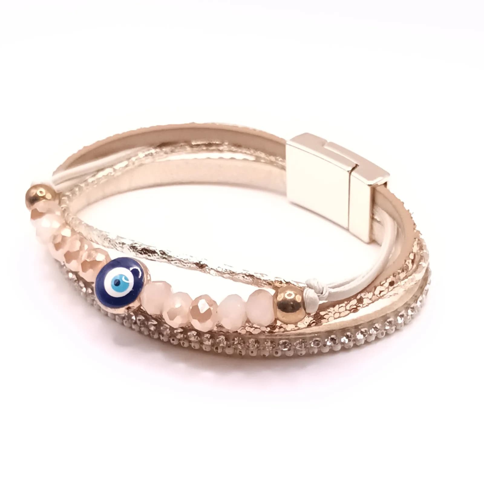 Bracelet œil grec multi-rangs beige et doré avec strass - vue d'ensemble