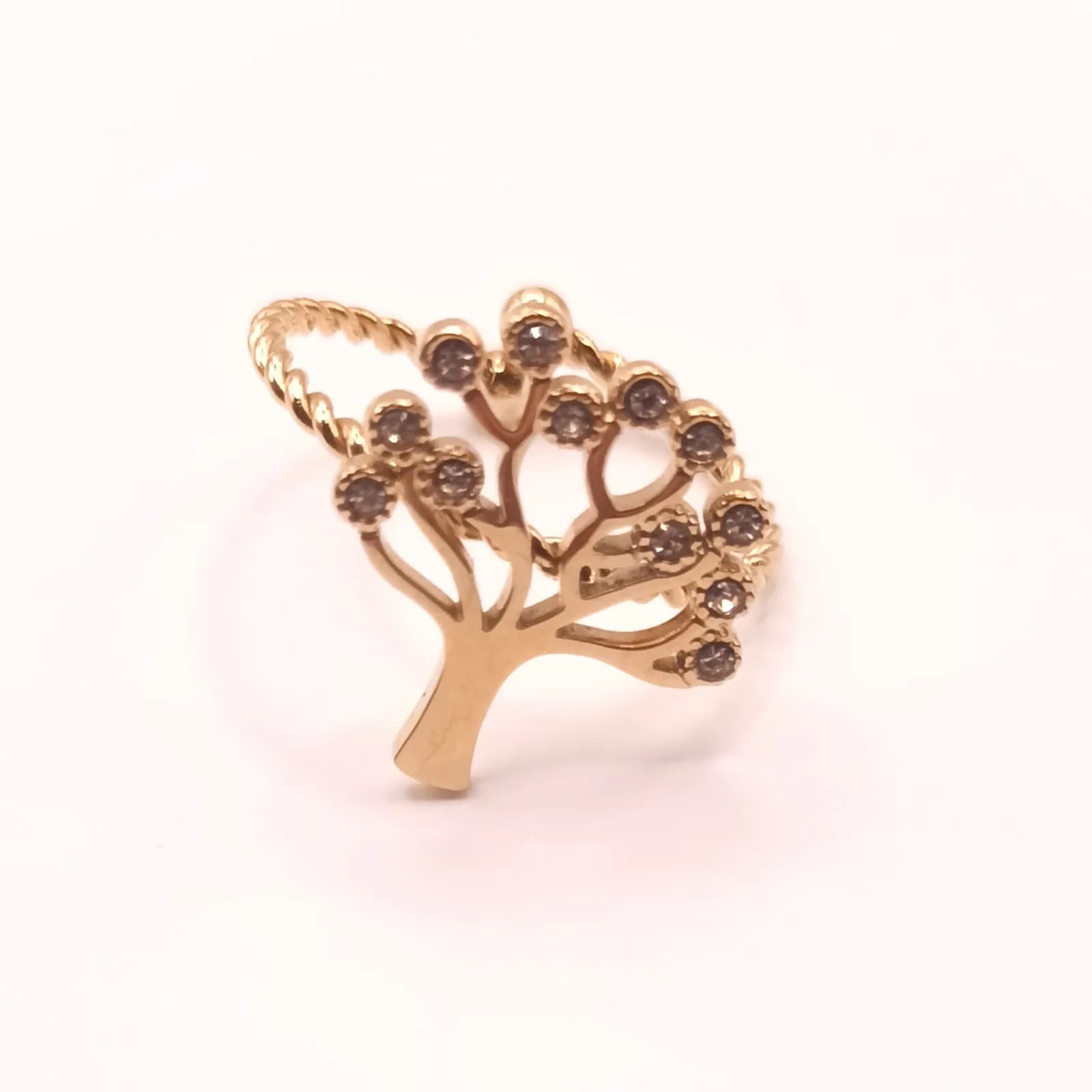 Bague arbre de vie dorée vue de côté, anneau torsadé ouvert à boules.