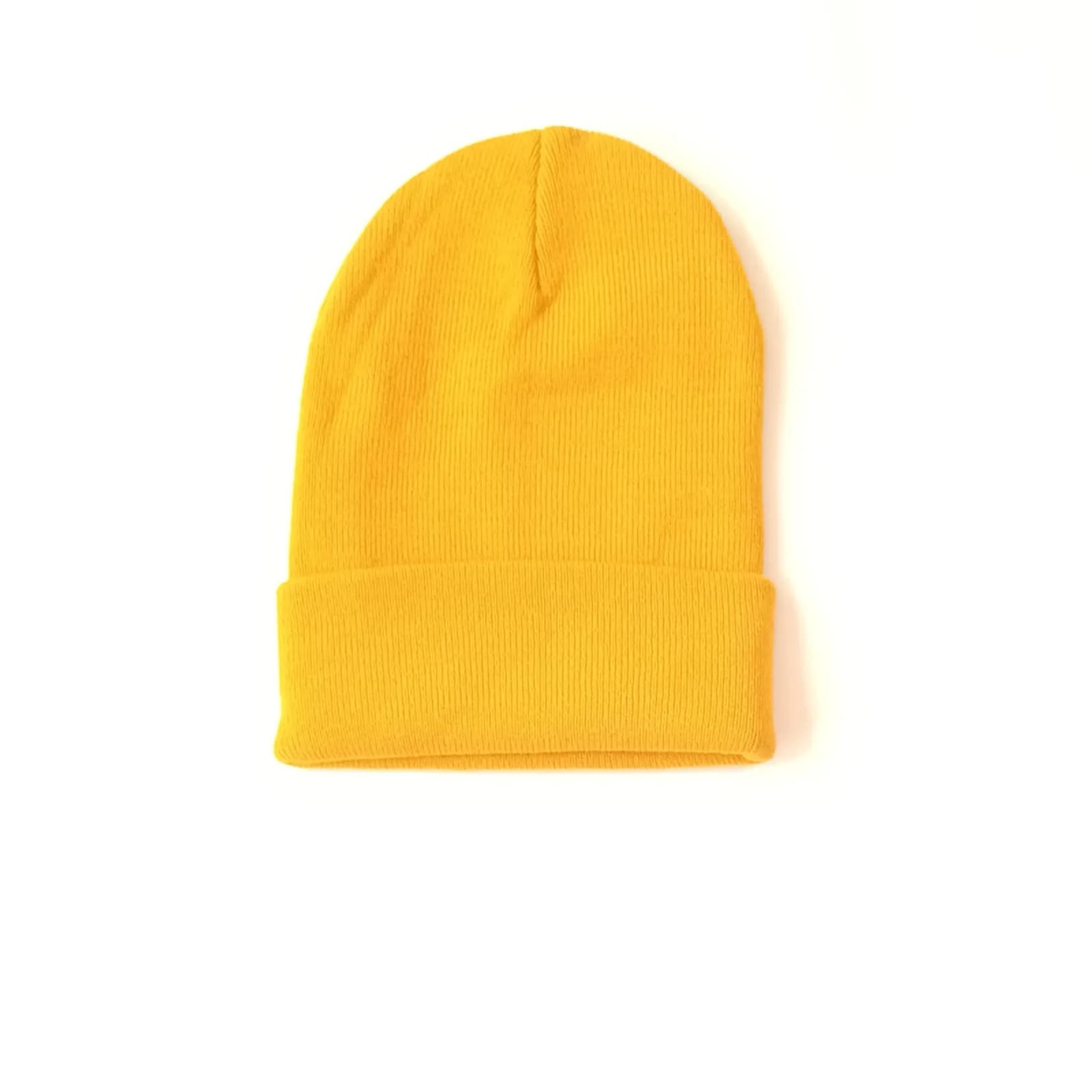 Bonnet jaune moutarde en maille à large revers, vu de face sur fond blanc.