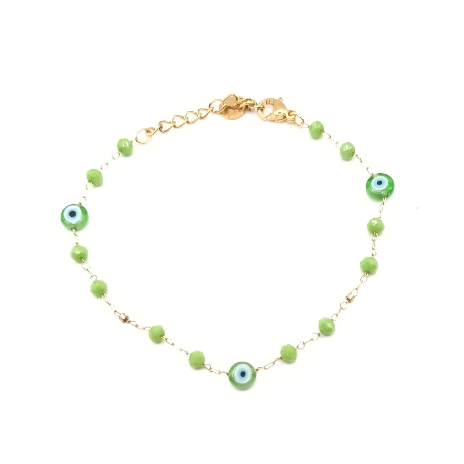 Bracelet chaîne dorée à perles vertes et trois yeux protecteurs, vu en entier.