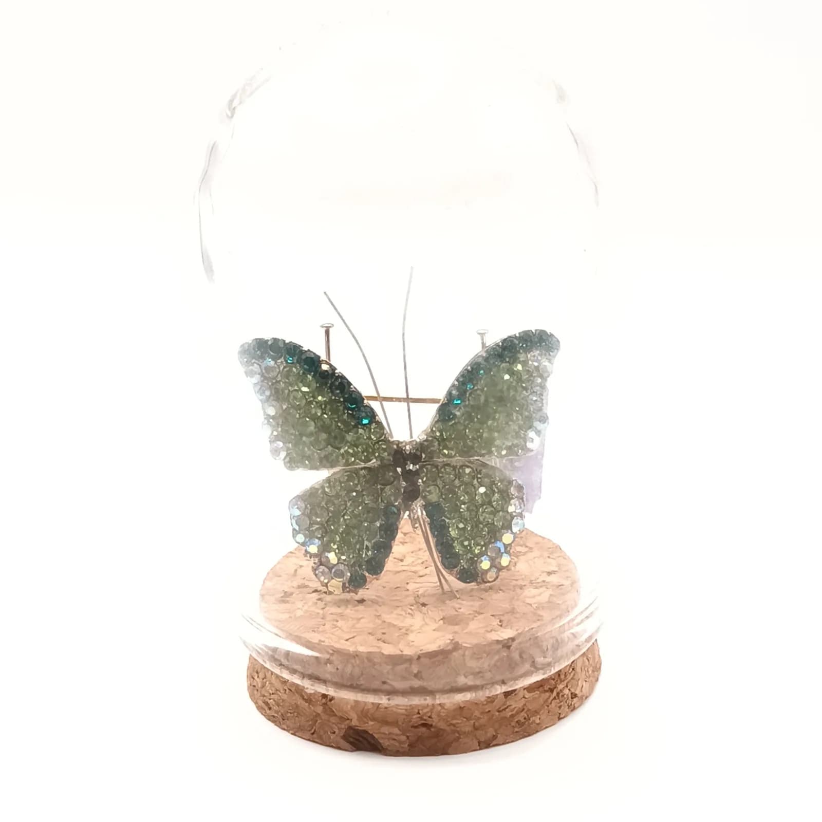 Broche papillon verte présentée sous sa cloche en verre sur socle en liège.