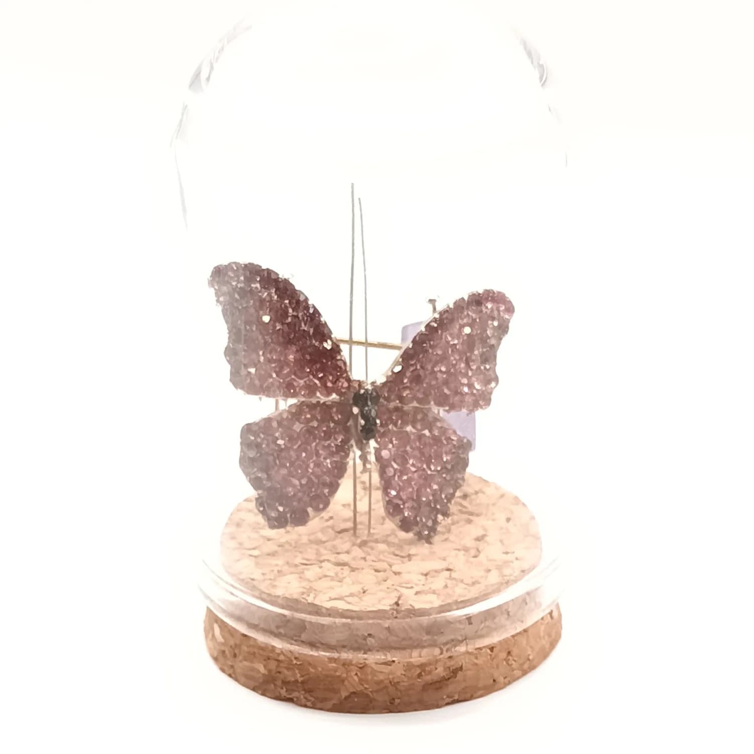 Broche papillon rose vue de dos sous sa cloche en verre sur socle en liège.