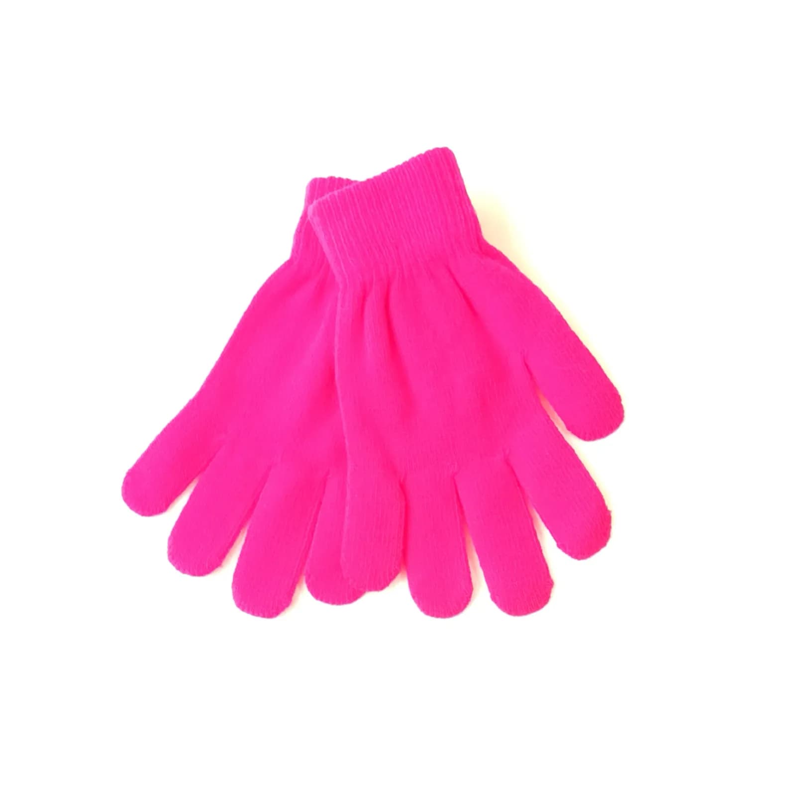 Paire de gants tricotés rose fluo superposés sur fond blanc.